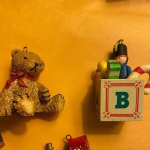 Miniature vintage ornaments teddy bear and box of toys. #12